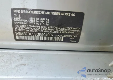 2016 BMW 328 Xi Sulev z USA, uszkodzony, nr VIN WBA8E3C53GK504907